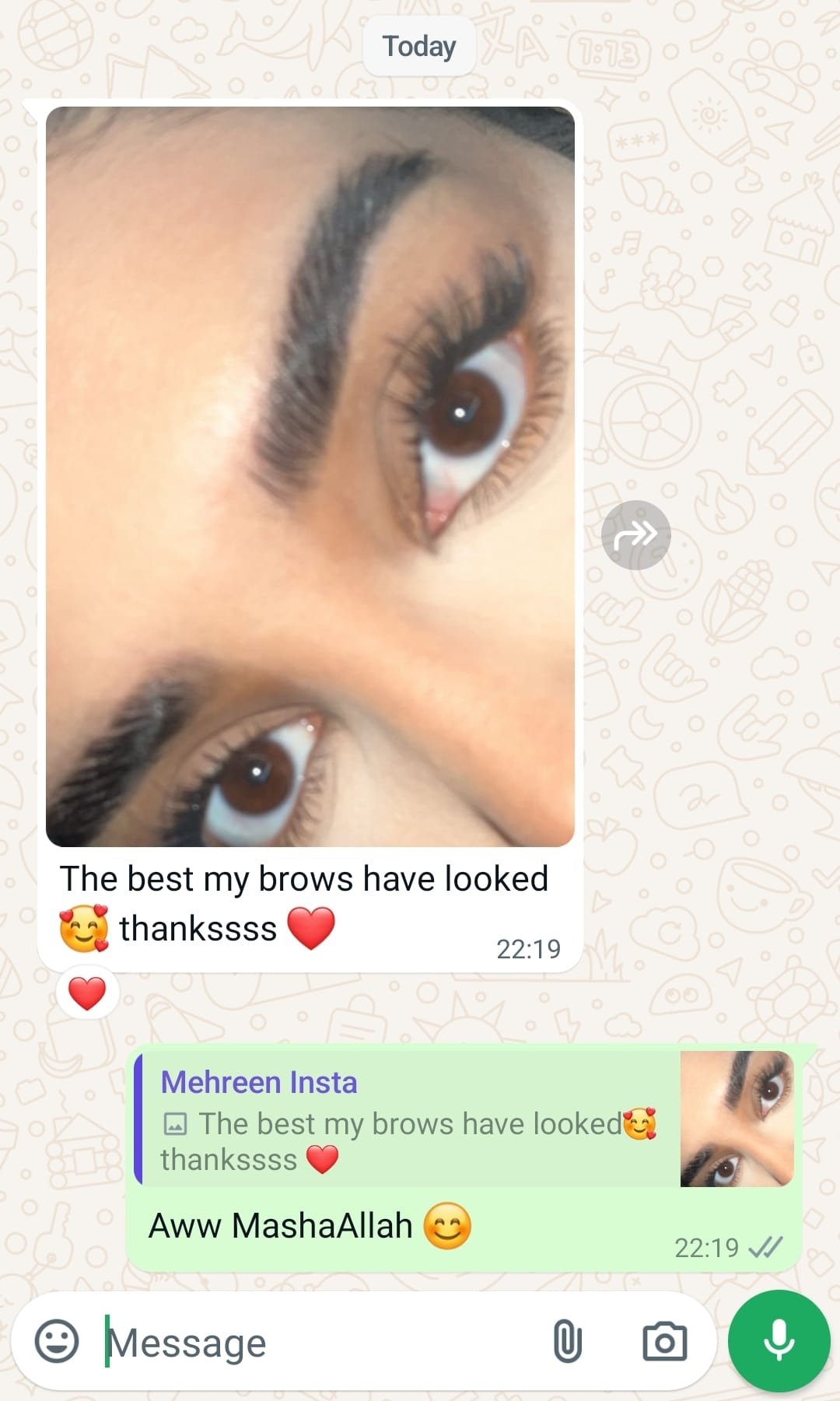 WhatsApp message from a client saying their brows have never looked better