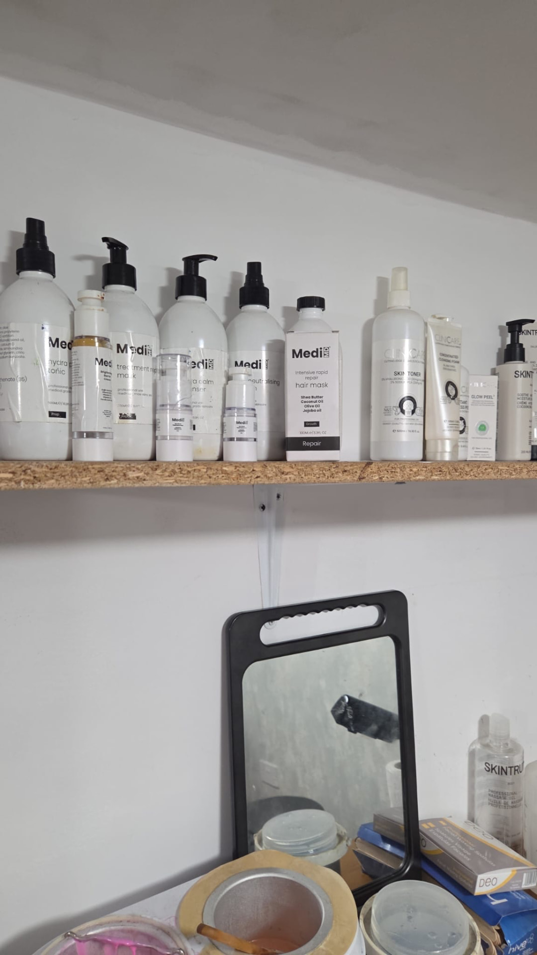 Shelf of professional MediMD and Cliniccare skincare